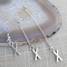 Load image into Gallery viewer, X Earrings, Your Choice of Three Lengths, Long Dangle Chain Drop, Letter X Jewelry
