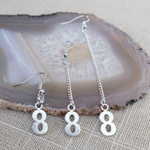 Load image into Gallery viewer, Number Eight Earrings, Infinity Jewelry, Your Choice of Three Lengths, Long Dangle Chain Drop, Eighth Anniversary Gifts
