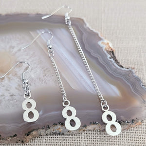 Number Eight Earrings, Infinity Jewelry, Your Choice of Three Lengths, Long Dangle Chain Drop, Eighth Anniversary Gifts