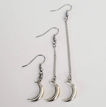 Load image into Gallery viewer, Silver Moon Earrings, Your Choice of Three Lengths, Celestial Jewelry
