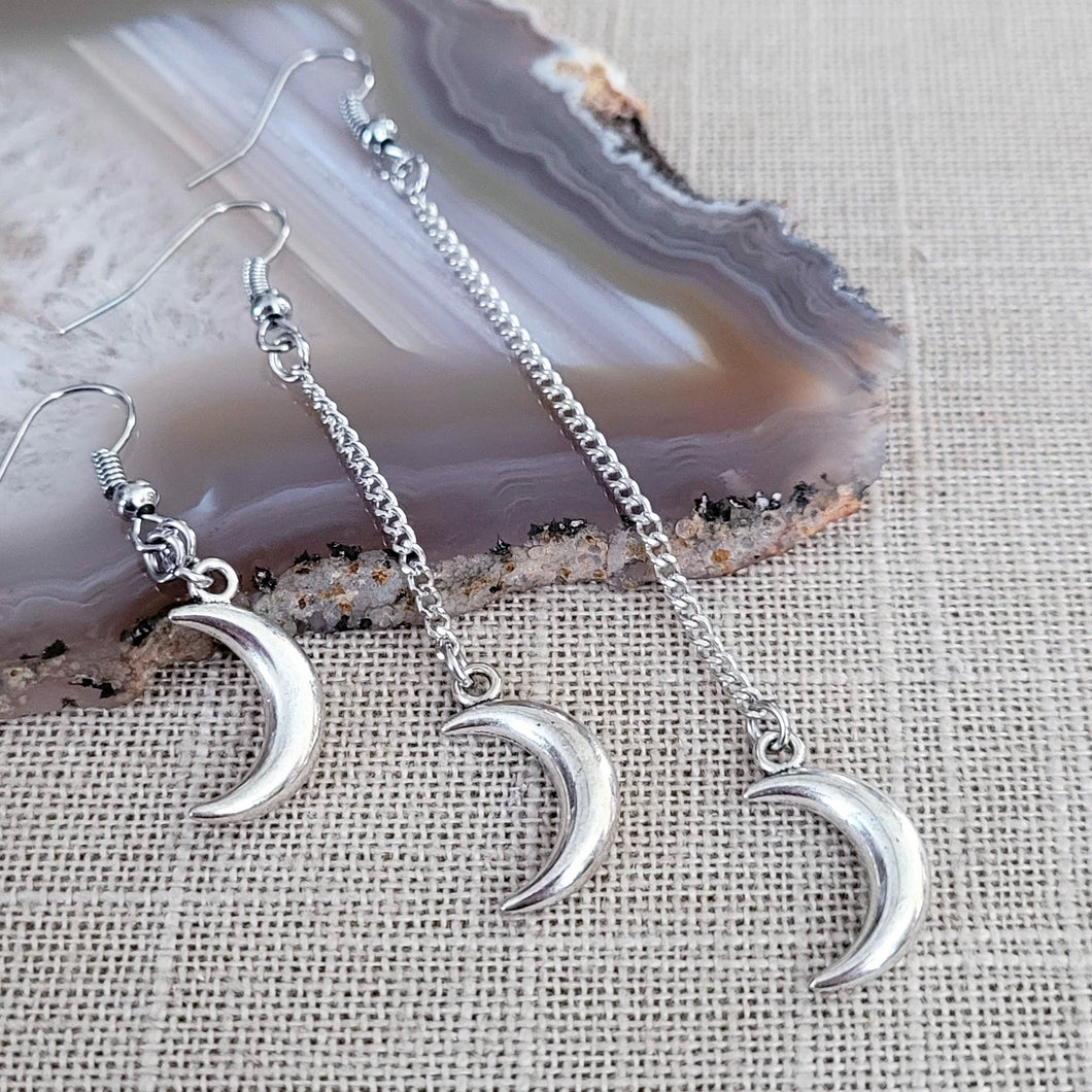 Silver Moon Earrings, Your Choice of Three Lengths, Celestial Jewelry