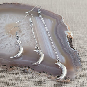 Silver Moon Earrings, Your Choice of Three Lengths, Celestial Jewelry