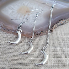 Load image into Gallery viewer, Silver Moon Earrings, Your Choice of Three Lengths, Celestial Jewelry
