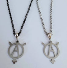 Load image into Gallery viewer, Transgender Anarchist Necklace, Your Choice of Gunmetal or Silver Rolo Chain, Non Binary Trans Awareness Jewelry
