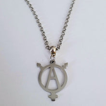 Load image into Gallery viewer, Transgender Anarchist Necklace, Your Choice of Gunmetal or Silver Rolo Chain, Non Binary Trans Awareness Jewelry
