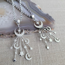 Load image into Gallery viewer, Celestial Moon and Stars Necklace, Your Choice of Gunmetal or Silver Rolo Chain
