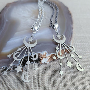 Celestial Moon and Stars Necklace, Your Choice of Gunmetal or Silver Rolo Chain