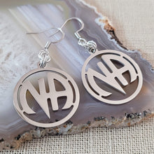 Load image into Gallery viewer, NA Earrings, Narcotics Anonymous Dangle Drop Earrings, Stainless Steel Charms, Sober Sobriety Recovery Jewelry
