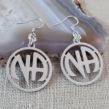 Load image into Gallery viewer, NA Earrings, Narcotics Anonymous Dangle Drop Earrings, Stainless Steel Charms, Sober Sobriety Recovery Jewelry
