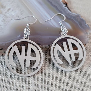 NA Earrings, Narcotics Anonymous Dangle Drop Earrings, Stainless Steel Charms, Sober Sobriety Recovery Jewelry