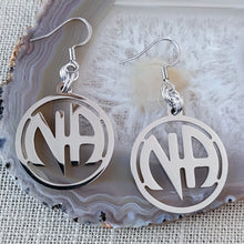 Load image into Gallery viewer, NA Earrings, Narcotics Anonymous Dangle Drop Earrings, Stainless Steel Charms, Sober Sobriety Recovery Jewelry
