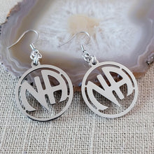 Load image into Gallery viewer, NA Earrings, Narcotics Anonymous Dangle Drop Earrings, Stainless Steel Charms, Sober Sobriety Recovery Jewelry
