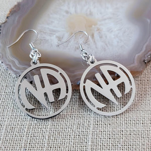 NA Earrings, Narcotics Anonymous Dangle Drop Earrings, Stainless Steel Charms, Sober Sobriety Recovery Jewelry