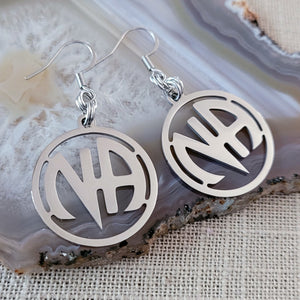 NA Earrings, Narcotics Anonymous Dangle Drop Earrings, Stainless Steel Charms, Sober Sobriety Recovery Jewelry