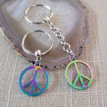 Load image into Gallery viewer, Peace Sign Keychain, Backpack or Purse Charm Zipper Pull, Iridescent Titanium Rainbow Electroplated Hippie Gifts
