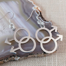 Load image into Gallery viewer, Gay Male Symbol Earrings, Dangle Drop Earrings, Stainless Steel Charms, Gifts for Gay Men, LGBTQIA Jewelry
