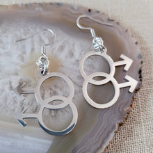 Load image into Gallery viewer, Gay Male Symbol Earrings, Dangle Drop Earrings, Stainless Steel Charms, Gifts for Gay Men, LGBTQIA Jewelry
