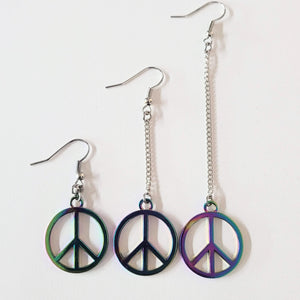 Rainbow Peace Earrings, Your Choice of Three Lengths, Long Dangle Drop Chain Earrings, Anodized Titanium Oil Slick Iridescent Jewelry