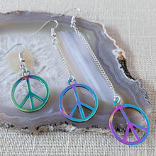 Load image into Gallery viewer, Rainbow Peace Earrings, Your Choice of Three Lengths, Long Dangle Drop Chain Earrings, Anodized Titanium Oil Slick Iridescent Jewelry
