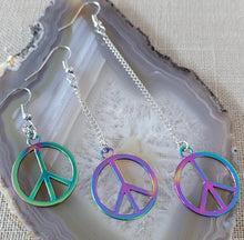 Load image into Gallery viewer, Rainbow Peace Earrings, Your Choice of Three Lengths, Long Dangle Drop Chain Earrings, Anodized Titanium Oil Slick Iridescent Jewelry
