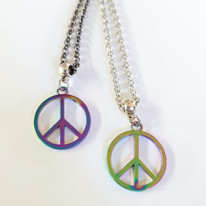 Anodized Titanium Peace Sign Necklace, Your Choice of Rolo Chain, Rainbow Iridescent Mixed Metals Jewelry, Oil Slick Peace Sign Jewelry