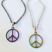 Load image into Gallery viewer, Anodized Titanium Peace Sign Necklace, Your Choice of Rolo Chain, Rainbow Iridescent Mixed Metals Jewelry, Oil Slick Peace Sign Jewelry
