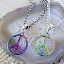 Load image into Gallery viewer, Anodized Titanium Peace Sign Necklace, Your Choice of Rolo Chain, Rainbow Iridescent Mixed Metals Jewelry, Oil Slick Peace Sign Jewelry
