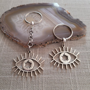 Evil Eye Keychain, Key Ring or Zipper Pull, Silver Backpack or Purse Charms