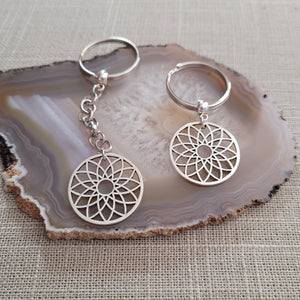 Flower of Life Keychain, Key Ring or Zipper Pull, Silver Backpack or Purse Charms