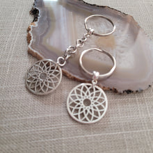 Load image into Gallery viewer, Flower of Life Keychain, Key Ring or Zipper Pull, Silver Backpack or Purse Charms
