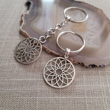 Load image into Gallery viewer, Flower of Life Keychain, Key Ring or Zipper Pull, Silver Backpack or Purse Charms
