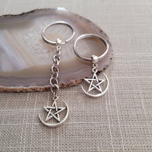 Load image into Gallery viewer, Moon and Star Keychain, Key Ring or Zipper Pull, Silver Backpack or Purse Charms
