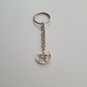 Moon and Star Keychain, Key Ring or Zipper Pull, Silver Backpack or Purse Charms