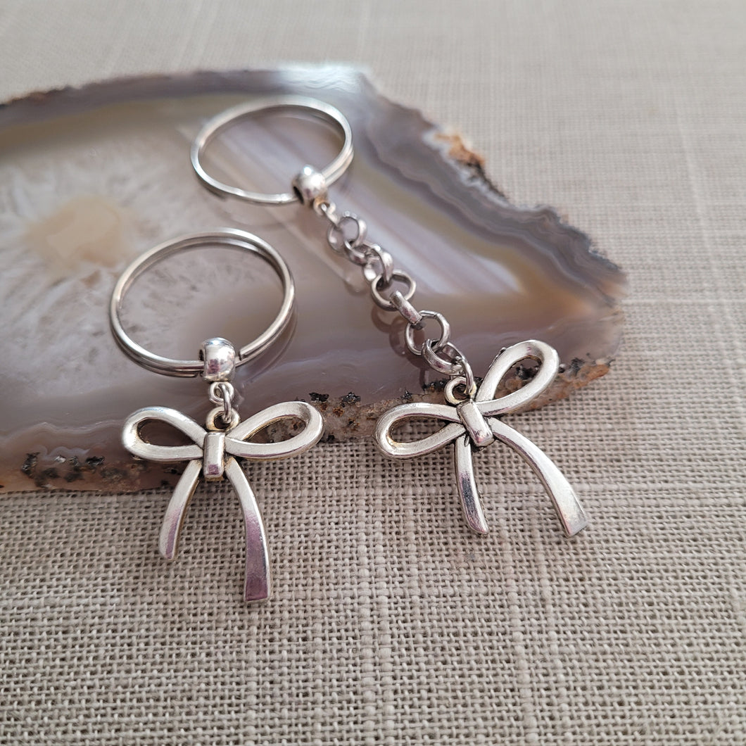 Bow Keychain, Key Ring or Zipper Pull, Silver Backpack or Purse Charms