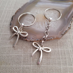 Bow Keychain, Key Ring or Zipper Pull, Silver Backpack or Purse Charms