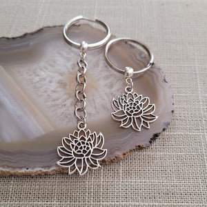 Chrysanthemum Keychain Key Ring or Zipper Pull, Silver Backpack or Purse Charms
