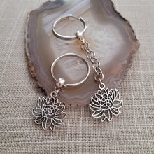 Load image into Gallery viewer, Chrysanthemum Keychain Key Ring or Zipper Pull, Silver Backpack or Purse Charms
