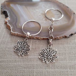 Chrysanthemum Keychain Key Ring or Zipper Pull, Silver Backpack or Purse Charms
