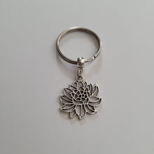 Load image into Gallery viewer, Chrysanthemum Keychain Key Ring or Zipper Pull, Silver Backpack or Purse Charms
