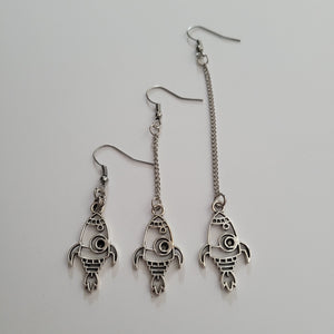 Rocketship Earrings, Space Jewelry in Your Choice of Three Lengths, Dangle Long Chain Earrings