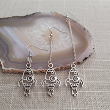 Load image into Gallery viewer, Rocketship Earrings, Space Jewelry in Your Choice of Three Lengths, Dangle Long Chain Earrings
