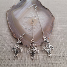 Load image into Gallery viewer, Rocketship Earrings, Space Jewelry in Your Choice of Three Lengths, Dangle Long Chain Earrings
