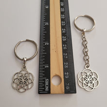 Load image into Gallery viewer, Flower Of Life Keychain Key Ring or Zipper Pull, Silver Backpack or Purse Charms
