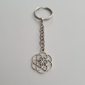 Flower Of Life Keychain Key Ring or Zipper Pull, Silver Backpack or Purse Charms