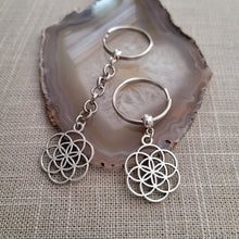 Load image into Gallery viewer, Flower Of Life Keychain Key Ring or Zipper Pull, Silver Backpack or Purse Charms
