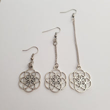 Load image into Gallery viewer, Flower of Life Earrings, Your Choice of Three Lengths, Long Dangle Chain Earrings, Bohemian Boho Jewelry
