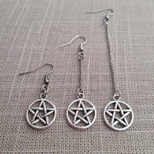 Load image into Gallery viewer, Silver Pentagram Earrings, Your Choice of Three Lengths, Dangle Drop Chain Earrings
