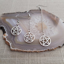 Load image into Gallery viewer, Silver Pentagram Earrings, Your Choice of Three Lengths, Dangle Drop Chain Earrings
