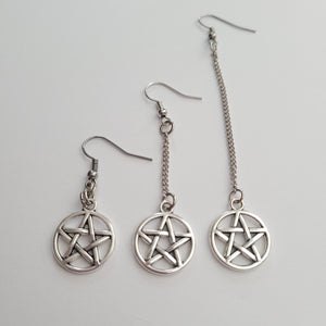 Silver Pentagram Earrings, Your Choice of Three Lengths, Dangle Drop Chain Earrings