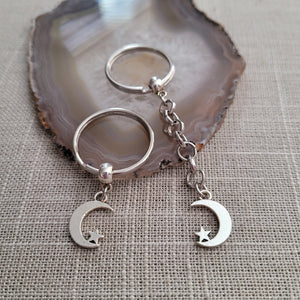 Crescent Moon Keychain Key Ring or Zipper Pull, Silver Backpack or Purse Charms